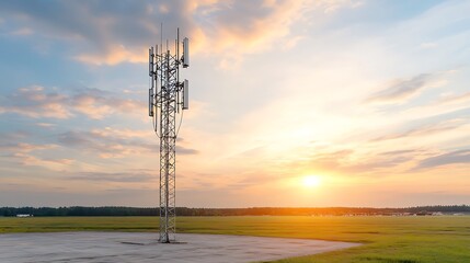 Telecommunication tower silhouetted against a colorful sunset over a field representing modern connectivity and technology progression