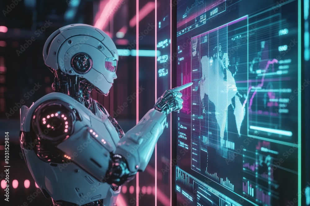 Poster robot analyzing data on a screen