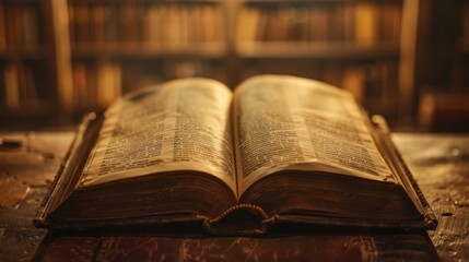 Obraz premium Antique Open Book on Wooden Table with Bookshelf Background