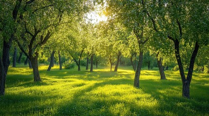 Obraz premium Serene Sunlit Forest with Lush Green Trees