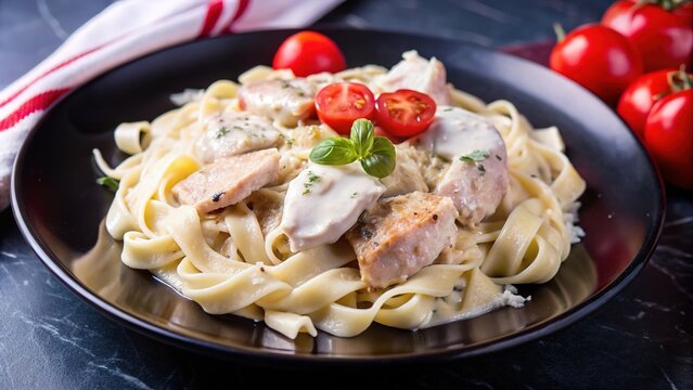Delicious chicken alfredo pasta served on a black plate with fresh tomatoes and herbs, perfect for a cozy dinner at home