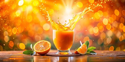 A refreshing burst of citrus, with a bright orange juice splash on a rustic wooden surface, adorned with fresh fruit slices and green leaves, captured against a vibrant background of glowing lights.