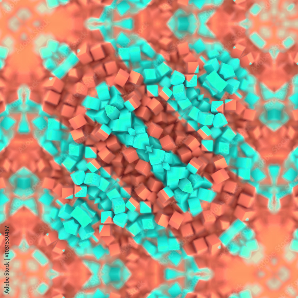 Poster Digital illustration with a symmetrical pattern of small cubes. 3d rendering