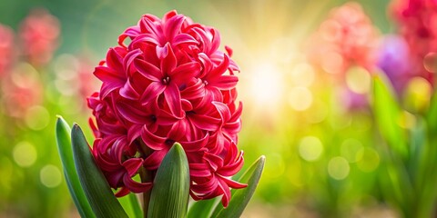 A Vivid Crimson Hyacinth Blossom, Surrounded by a Dreamy Blur of Sunlight and Springtime Growth