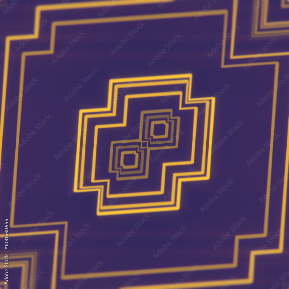 Poster 3d rendering digital illustration with a symmetrical geometric pattern of orange light lines on a dark purple background