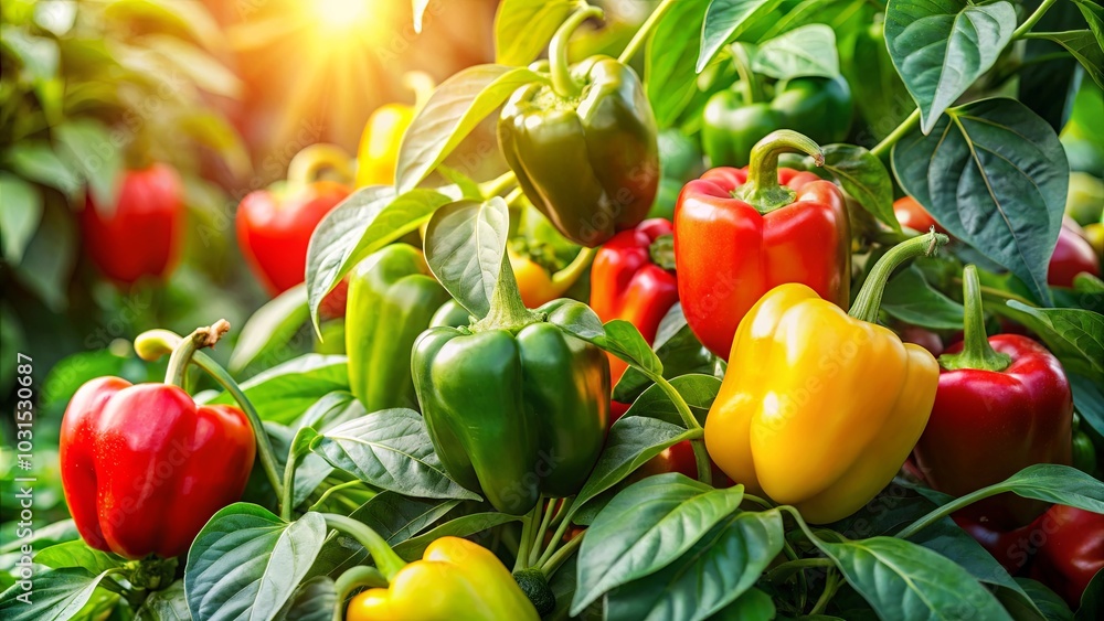 Wall mural Vibrant Bell Peppers Bask in the Warm Glow of the Sun, Their Colors a Symphony of Red, Green, and Yellow, as Lush Green Leaves Frame the Scene