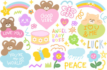 Cute illustrations of teddy bear, cat, butterfly, good vibe text, rainbow, heart, cake, flowers, clover leaf for cartoon characters, animals, blossom elements, floral print, patches, zoo, brooch, icon