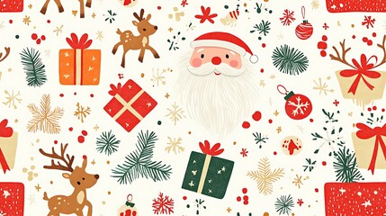 Fototapeta premium A 2D cute cartoon Christmas pattern featuring Santa, reindeer, and presents, arranged in a playful style on a pastel background. 