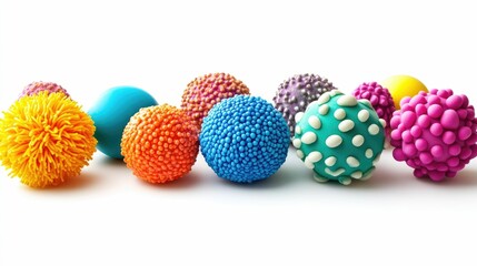 An array of soft tactile sensory balls with various vibrant colors textures and shapes isolated on a plain white background  These fidget toys can be used for sensory therapy play or