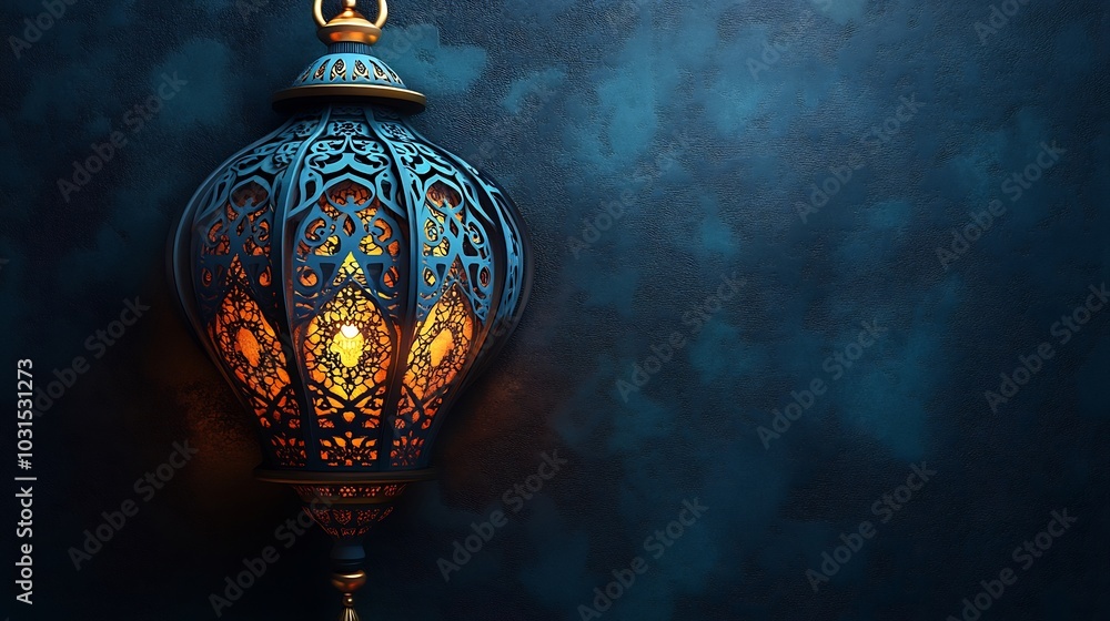 Poster striking paper cut style design showcasing a large ornate lantern with geometric shapes in gold and 