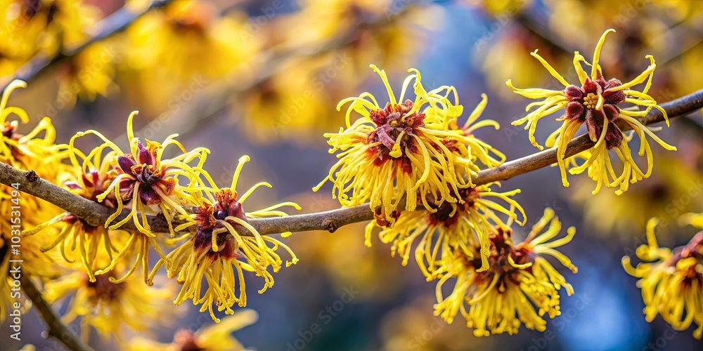 Wall mural A delicate branch adorned with vibrant, spidery yellow blooms, a symphony of color and texture against a soft, blurred background.