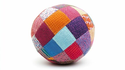 Colorful patchwork fabric ball with a unique handcrafted design and soft lightweight texture  The ball is isolated on a plain white background showcasing the vibrant