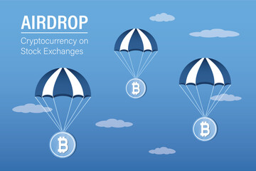 Bitcoin cryptocurrency airdrop concept. Free giveaway and contest promotion crypto coins. Crypto currency technology, exchange. Coins falling from the sky in parachute.