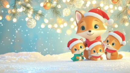 Fox and cubs in Santa hats, playing in the snow under Christmas lights, cute cartoon 3D illustration