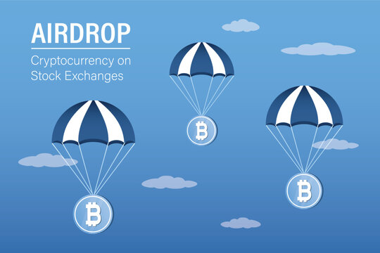 Bitcoin cryptocurrency airdrop concept. Free giveaway and contest promotion crypto coins. Crypto currency technology, exchange. Coins falling from the sky in parachute.