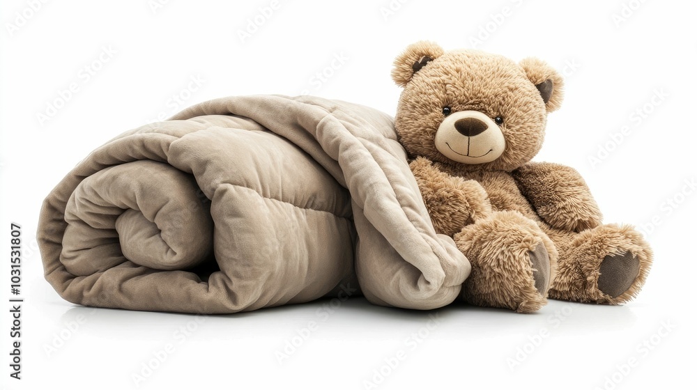 Poster a soft plush bear shaped comforter in neutral colors of brown beige and tan resting on a white backg