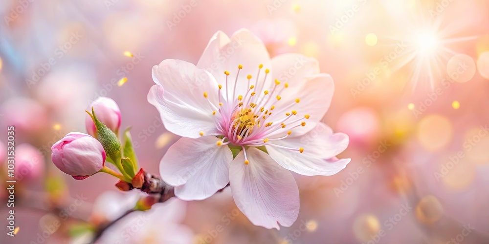 Wall mural A Single Pink Blossom Opens Towards the Sun, Revealing a Delicate Center of Golden Stamens, While Buds Await Their Turn to Bloom