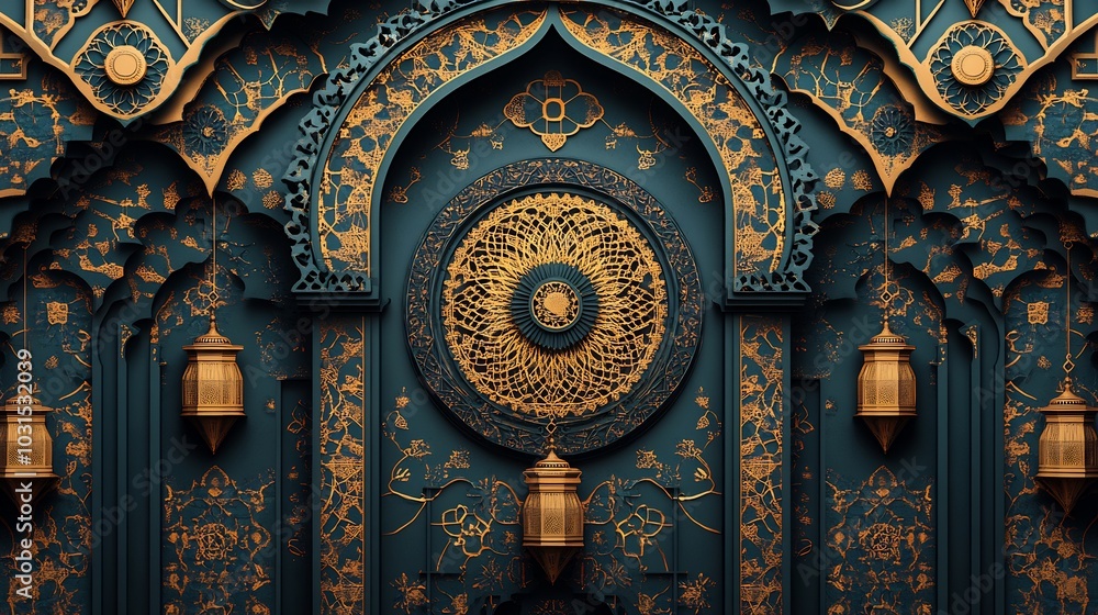 Poster striking paper cut style design showcasing a large central lantern surrounded by intricate geometric