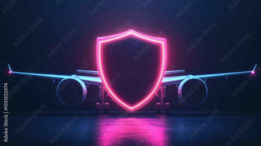 Poster glowing shield hovering over airplane on dark background symbolizing travel insurance coverage and p
