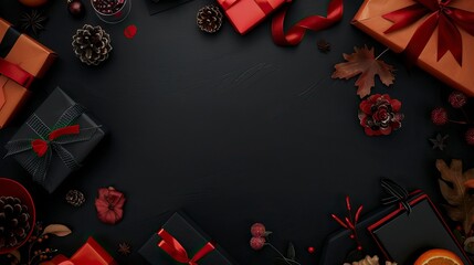 Obraz premium Flat lay black friday elements on black background with copy space, Black Friday