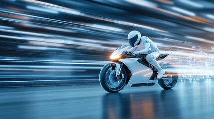 Fototapeta premium Futuristic electric motorcycle with bold streamlined design, speeding through high tech environment, showcasing innovation and advanced technology