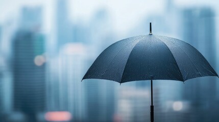 The image depicts an umbrella shielding a modern high rise business building symbolizing the concept of corporate insurance coverage and commercial protection  It conveys a sense of security