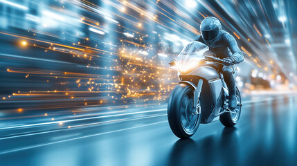 Futuristic electric motorcycle speeding through dynamic cityscape, showcasing bold design and advanced technology. motion blur creates exhilarating sense of speed and innovation