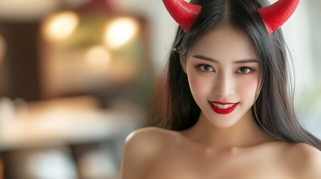 Enchanting devilish charm a captivating portrait blending beauty and playful mischief in a modern setting