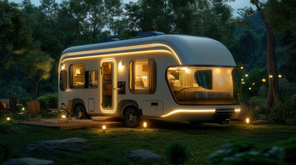 futuristic electric RV parked at eco friendly campsite, surrounded by nature. warm glow from RVs lights creates cozy atmosphere, perfect for relaxation and adventure