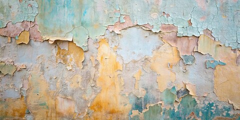 Fototapeta premium A textured wall, revealing a history of layers, with shades of blue, yellow, and pink peeling away, showcasing the passage of time and the resilience of the underlying surface.