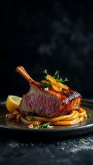 Delicious baked pork belly served with sauce and parsley