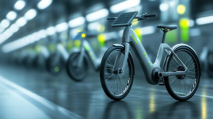 modern electric bike stands prominently in bike sharing station, showcasing its sleek design and solar panel. atmosphere is vibrant and futuristic, highlighting urban mobility