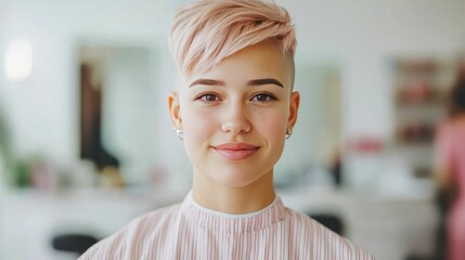 Stylish and confident young woman getting a fashionable undercut hairstyle design at a modern and well equipped beauty salon as part of a transformative personal care experience