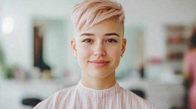 Stylish and confident young woman getting a fashionable undercut hairstyle design at a modern and well equipped beauty salon as part of a transformative personal care experience