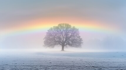 Serene Tree Under a Rainbow in Misty Landscape