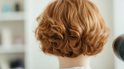 Fototapeta premium Close up of a professional hairstylist using a blow dryer to create a voluminous blowout style on a woman s curly wavy hair at a modern beauty salon