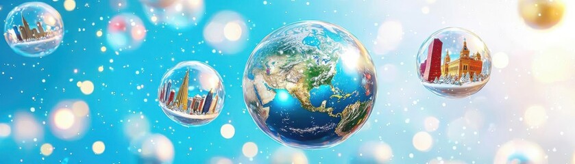 Earth surrounded by floating Christmas snow globes, each with different global landmarks, cute cartoon 3D illustration