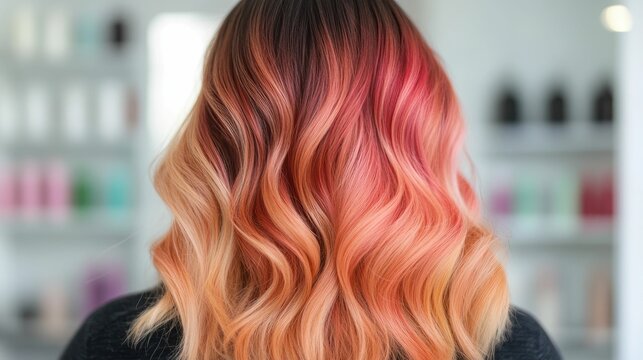 Professional hairstylist applying trendy vibrant ombre color transformation to woman s hair in high end luxury beauty salon deep depth of field close up portrait of hair color makeover process