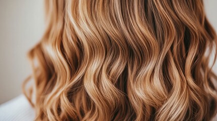 Fototapeta premium Close up of hairstylist using curling wand to style woman s hair into loose wavy curls in a professional salon setting with blurred background