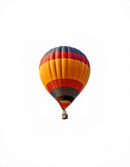 Fototapeta premium A colorful hot air balloon with a wicker basket floats against a white background.