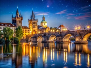 Obraz premium Nighttime Serenity: Charles Bridge and River Views in Prague