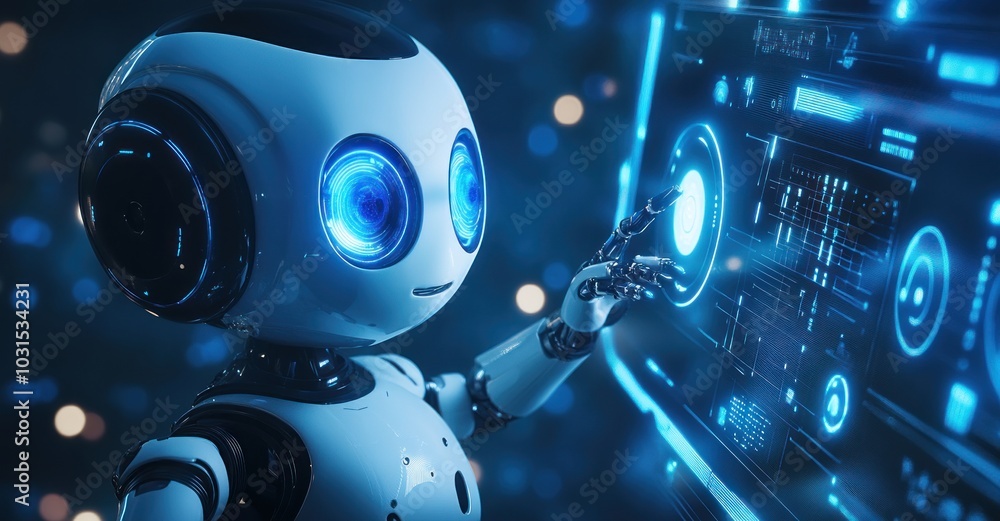 Poster robot interacting with futuristic interface