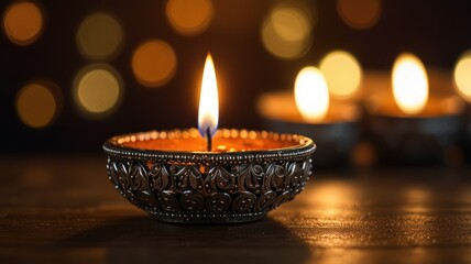 A single lit diya candle in a silver holder, with two other diyas in the background, all lit with a warm glow, on a wooden table with a blurry background of warm bokeh lights.