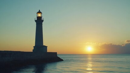 A solitary lighthouse stands tall on a rocky outcrop, its beacon shining brightly against the backdrop of a vibrant sunrise. The sun is setting over the horizon, casting a warm glow on the water.