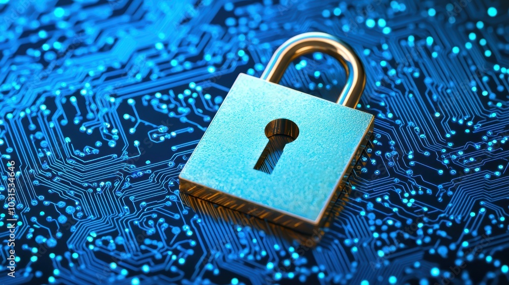 Poster a digital padlock rests on a blue circuit board background, symbolizing cybersecurity and data prote