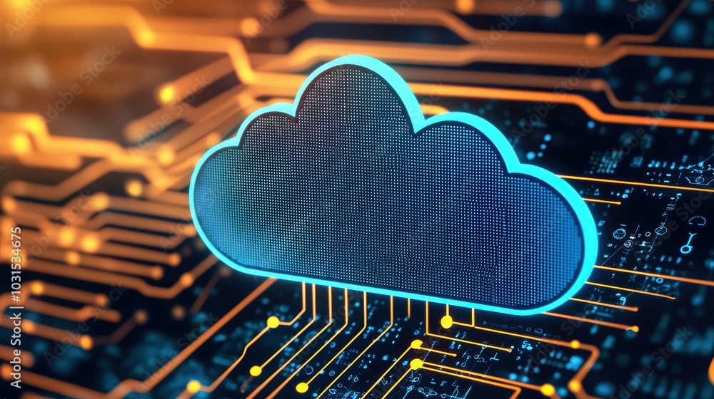 Poster a digital illustration of a glowing cloud symbol over a circuit board, representing cloud computing 