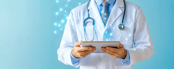 Digital healthcare network visualization, futuristic doctor with holographic data points emerging from tablet, advanced medical tech scene, bright glowing blue lines