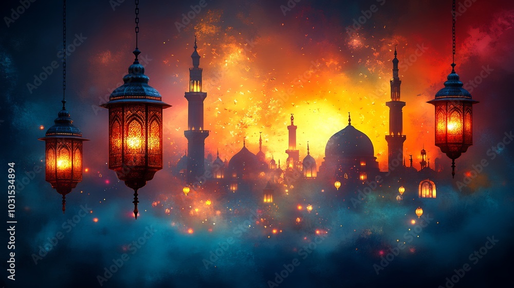 Poster stunning ramadan kareem card template filled with vibrant colors and delicate arabesque patterns fea