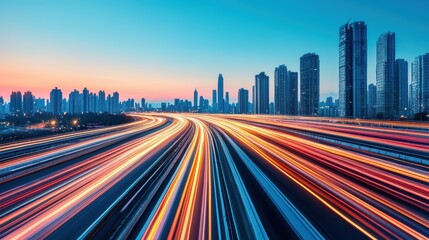 Obraz premium A vibrant city skyline at twilight, showcasing busy highways with illuminating light trails against a backdrop of skyscrapers.