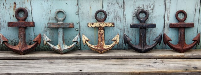 Obraz premium Nautical Anchors on Rustic Dock, a harmonious display of identical anchors lining a weathered wooden pier, evoking coastal charm and adventure